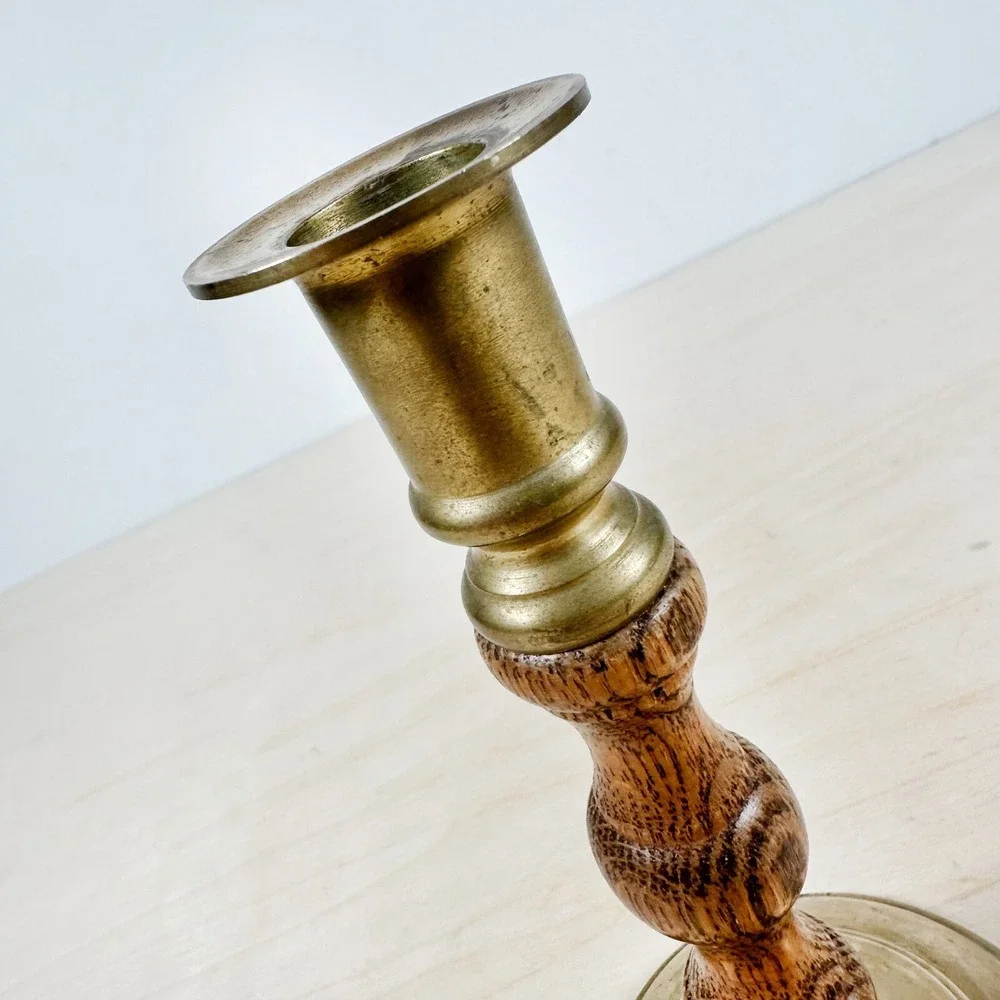 Vintage Wood & Brass Tigerwood Candle Stick Holder MCM Retro‎ Decor Mod
